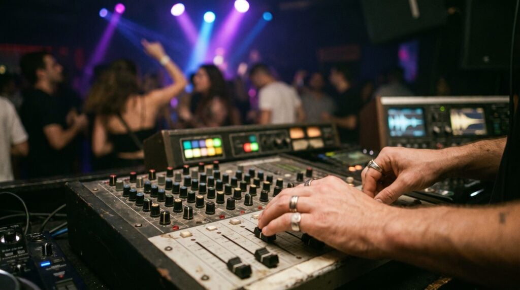 DJ's hands on a mixer in a dim club booth with the crowd and purple stage lights blurred behind