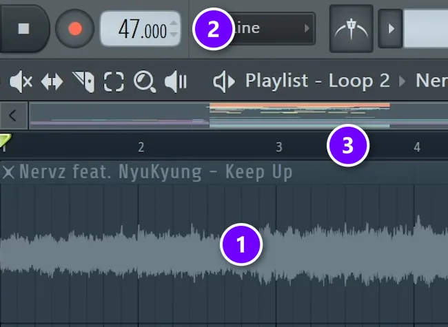 FL Studio Playlist with a reference song on its own track (1), the tempo box set to 47 (2) and the bar numbers along the top (3)