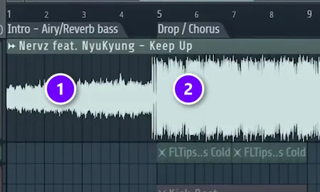 Reference song in the FL Studio Playlist with markers named Intro - Airy/Reverb bass (1) and Drop / Chorus (2)