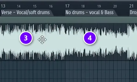 Reference song in the FL Studio Playlist with markers named Verse - Vocal/soft drums (3) and No drums - vocal and Bass (4)