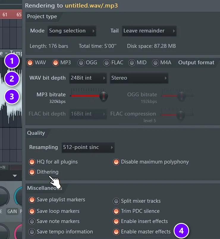 FL Studio export window with WAV and MP3 ticked (1), 24-bit WAV depth (2), MP3 bitrate (3) and Enable master effects (4) numbered