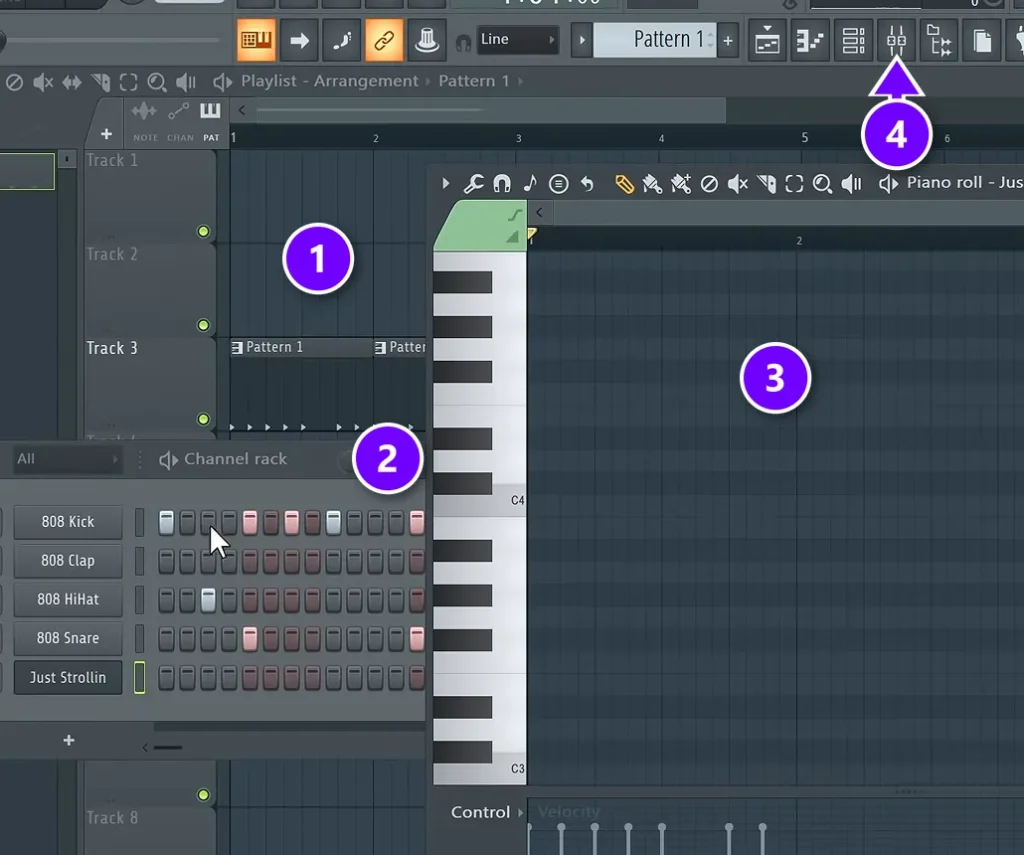 FL Studio with the Playlist (1), Channel Rack (2) and Piano Roll (3) open and the Mixer button (4) in the toolbar