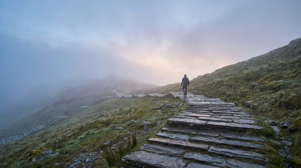 A man climbing a long flight of stone steps up a misty hillside at dawn, one stage at a time