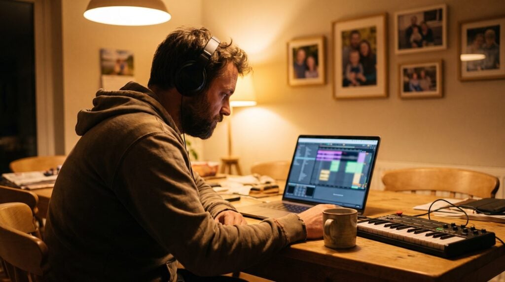 Man learning FL Studio in the evening at his kitchen table with a laptop, headphones and a small MIDI keyboard