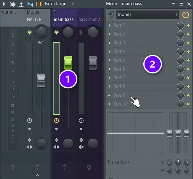 FL Studio Mixer with a track's volume fader (1) and its ten effect slots (2) numbered