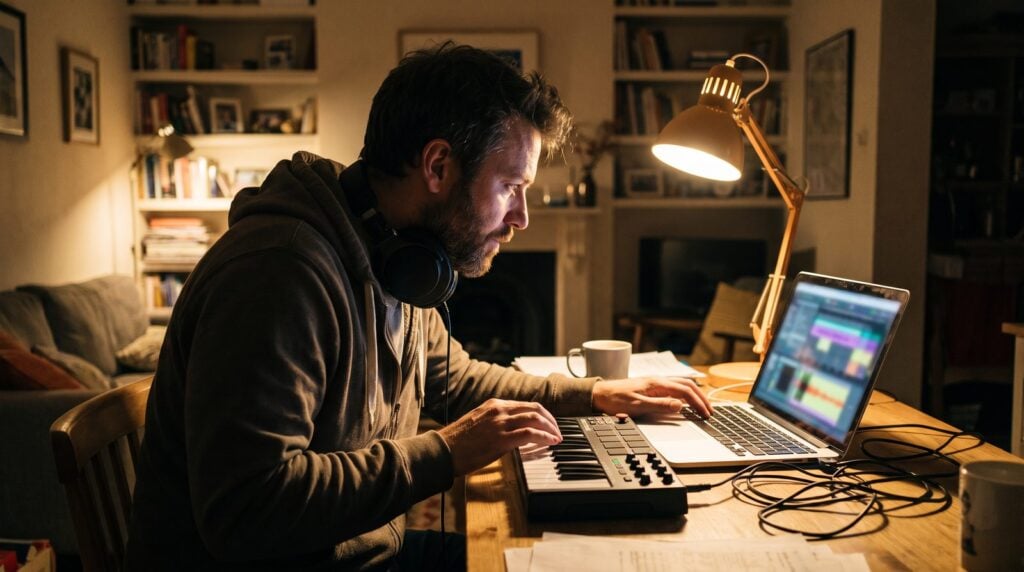 Producer finishing a song at a home desk at night with a laptop, MIDI keyboard and headphones