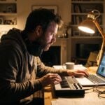 Producer finishing a song at a home desk at night with a laptop, MIDI keyboard and headphones