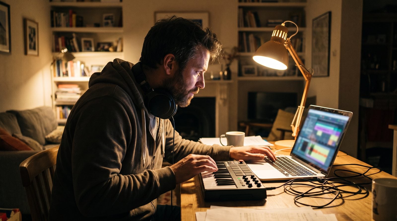 Producer finishing a song at a home desk at night with a laptop, MIDI keyboard and headphones