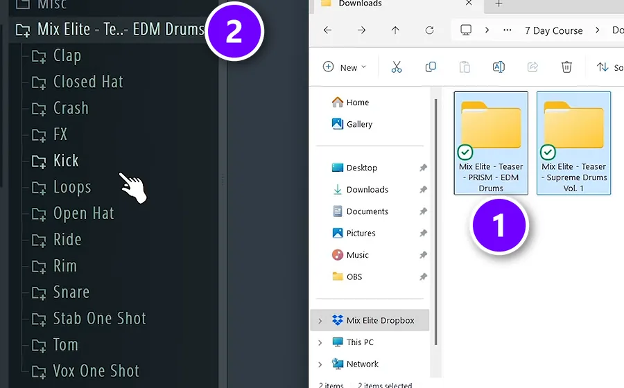 Two sample pack folders in Windows Explorer numbered 1 and the same pack folder in the FL Studio Browser numbered 2