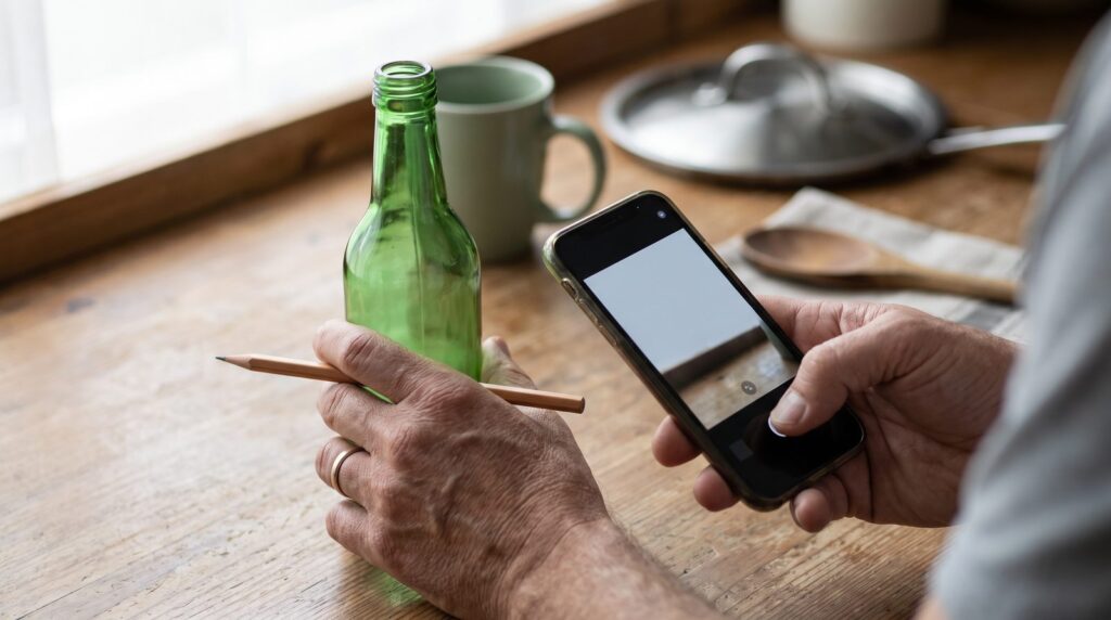A man's hands holding a pencil and an empty green bottle next to a phone, ready to record his own sample at the kitchen counter