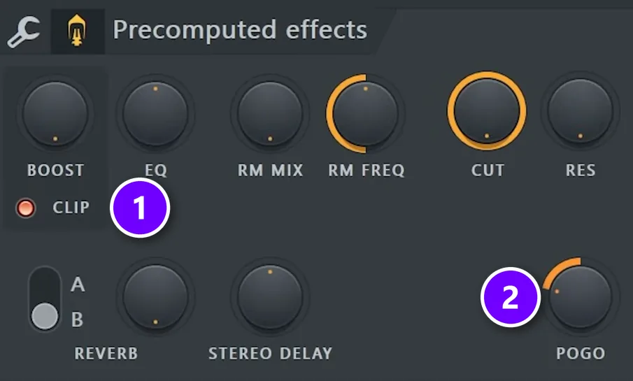 FL Studio sampler Precomputed effects knobs with BOOST and CLIP numbered 1 and POGO numbered 2