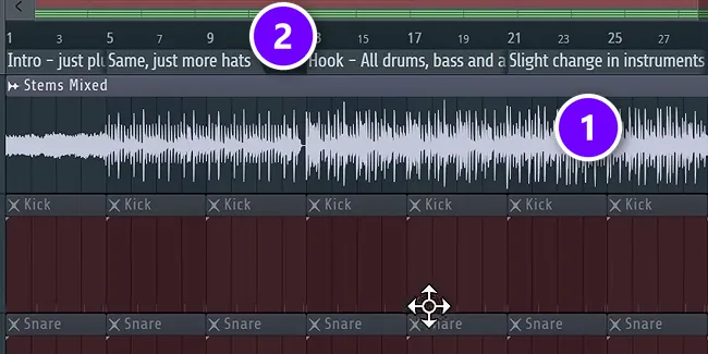FL Studio Playlist with a reference song on the top track numbered 1 and section markers above it numbered 2
