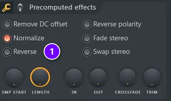 FL Studio sampler Precomputed effects switches with the Reverse switch numbered 1