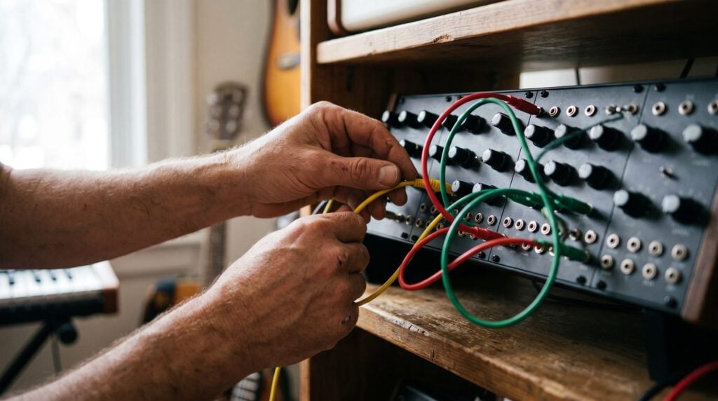 A producer's hands plugging a yellow patch cable into a modular synth, with red and green cables already patched, like the audio, parameter and event cables in FL Studio's Patcher