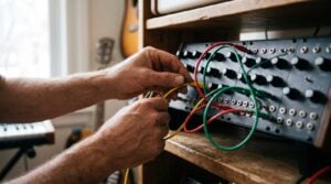 A producer's hands plugging a yellow patch cable into a modular synth, with red and green cables already patched, like the audio, parameter and event cables in FL Studio's Patcher