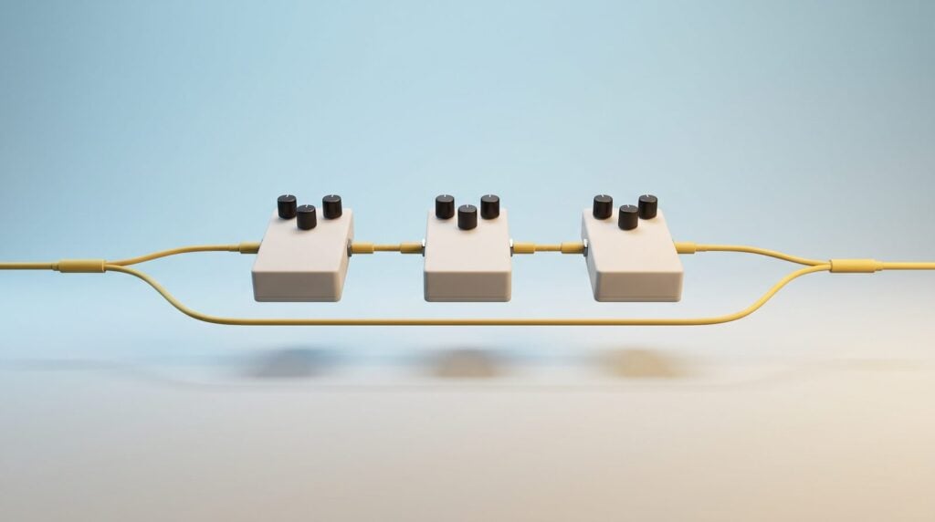 Three effect pedals floating in a row, with one cable splitting so half the signal runs through the pedals and half runs past them, then joins again: a parallel chain