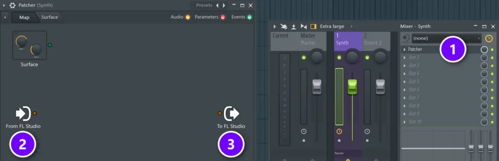 FL Studio Mixer with Patcher loaded in the first effect slot (1) and the empty Patcher Map with From FL Studio (2) and To FL Studio (3)