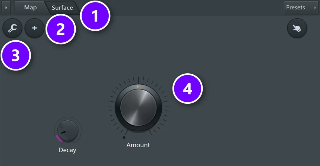 FL Studio Patcher Surface tab (1) with the plus button (2), the wrench edit button (3) and two custom knobs named Amount (4) and Decay