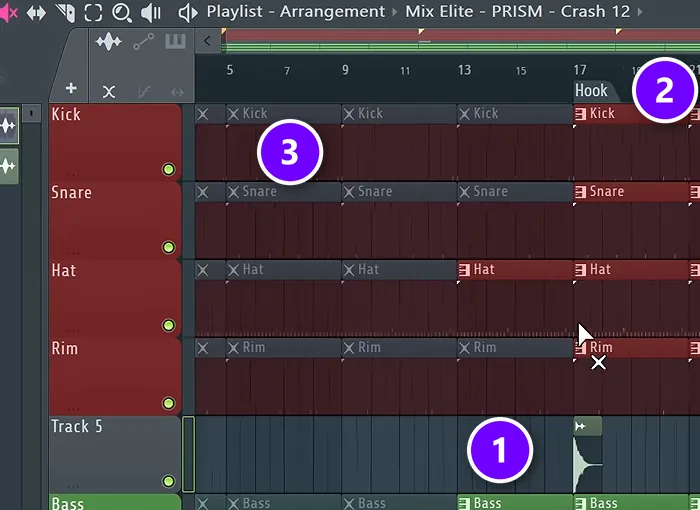 FL Studio Playlist with a crash audio clip on Track 5 (1) under the Hook marker (2) and muted drum clips marked with an X (3)