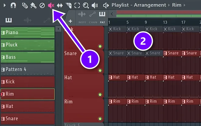 FL Studio Playlist with the Mute tool selected (1) and muted clips marked with an X (2) after copying the loop
