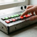 A man's hand programming a beat on a worn drum machine, its step buttons lit red and green in a repeating pattern, on a concrete desk in daylight