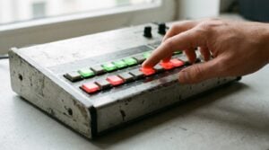 A man's hand programming a beat on a worn drum machine, its step buttons lit red and green in a repeating pattern, on a concrete desk in daylight