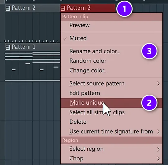 FL Studio Playlist clip menu on a drum pattern clip (1) with Make unique (2) and Rename and color (3) numbered