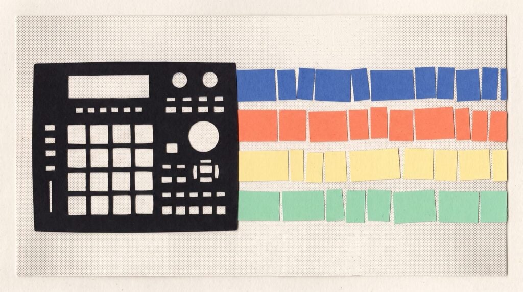Paper collage of a drum machine with four lanes of colored blocks running out of it, like pattern clips laid along the Playlist