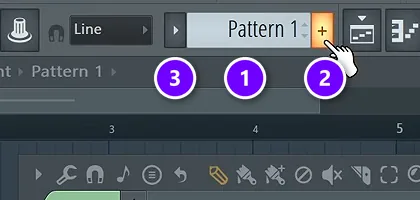 FL Studio toolbar with the pattern selector showing Pattern 1 (1), the plus button for a new pattern (2) and the arrow that opens the Patterns menu (3)