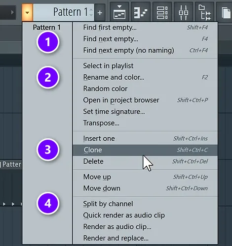 FL Studio Patterns menu with Find next empty (1), Rename and color (2), Clone (3) and Split by channel (4) numbered