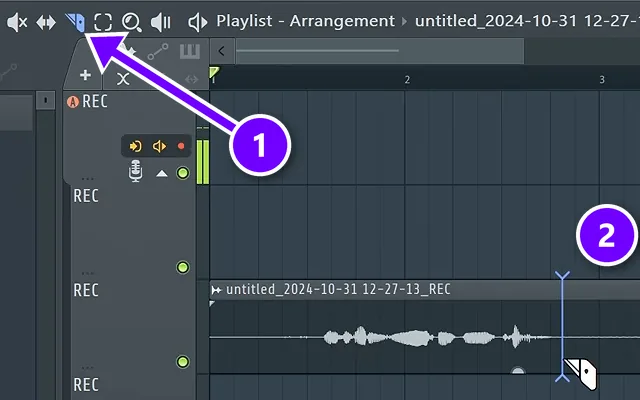 FL Studio Playlist toolbar with the Slice tool selected (1) and a slice line through a vocal audio clip (2)