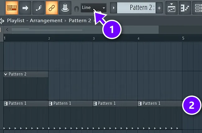 FL Studio main snap box set to Line (1) and pattern clips lined up on the bar lines in the Playlist (2)