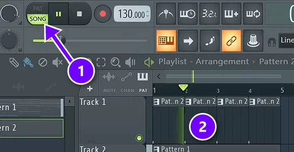 FL Studio transport with the PAT/SONG switch set to SONG (1) and the playhead moving over both patterns in the Playlist (2)