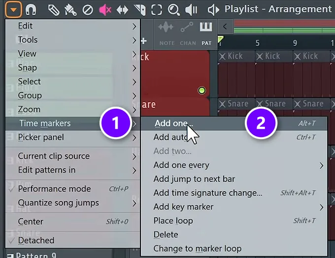 FL Studio Playlist options menu with Time markers (1) and Add one (2) numbered