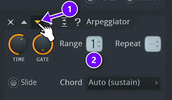 FL Studio channel Arpeggiator with the direction buttons (1) and Range (2) numbered