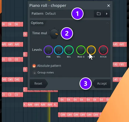 FL Studio Piano roll Chopper window with Pattern (1), Time mul (2) and Accept (3) numbered