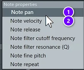 FL Studio Piano roll Control lane menu with Note pan (1) and Note velocity (2) numbered