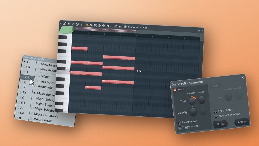 Three real FL Studio Piano roll windows from Max's videos, the scale menu, chords being stretched and the Strum tool, floating on a peach background