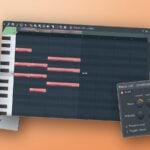 Three real FL Studio Piano roll windows from Max's videos, the scale menu, chords being stretched and the Strum tool, floating on a peach background