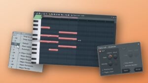 Three real FL Studio Piano roll windows from Max's videos, the scale menu, chords being stretched and the Strum tool, floating on a peach background
