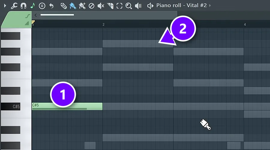 FL Studio Piano roll with a green bass note (1) and grey ghost notes from the chords (2) numbered