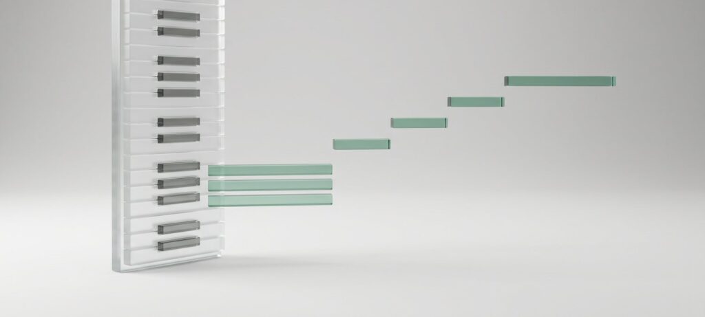 A frosted glass piano keyboard on its side with green glass bars floating out of the keys like notes in a piano roll