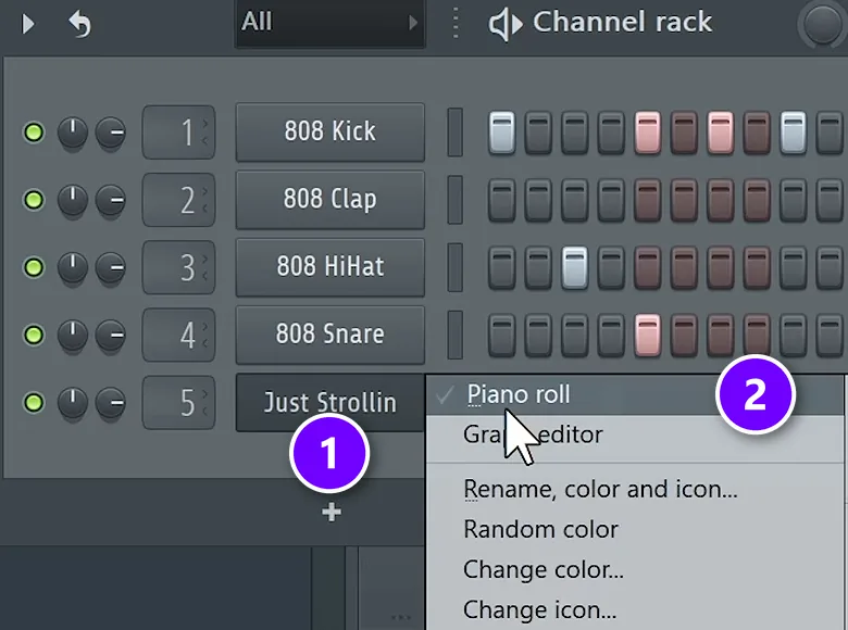 FL Studio Channel Rack with a channel name (1) right-clicked and the Piano roll menu item (2) numbered