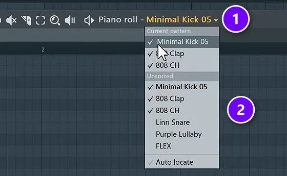 FL Studio Piano roll title bar with the channel name (1) and its list of channels (2) numbered