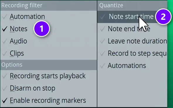 FL Studio record menu with Notes (1) and Quantize Note start time (2) numbered