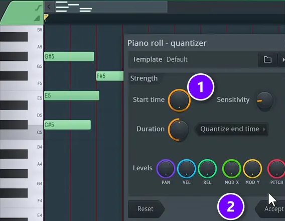 FL Studio Piano roll Quantizer window with Start time (1) and Accept (2) numbered