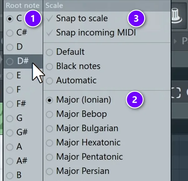 FL Studio Piano roll scale menu with the root note C (1), the Major scale (2) and Snap to scale (3) numbered