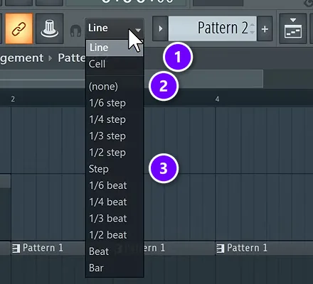 FL Studio snap menu with the snap setting (1), (none) (2) and Step (3) numbered