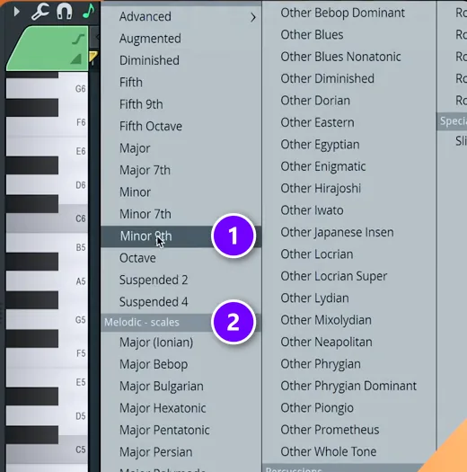 FL Studio Piano roll Stamp tool list with the Minor 9th chord (1) and the scales section (2) numbered