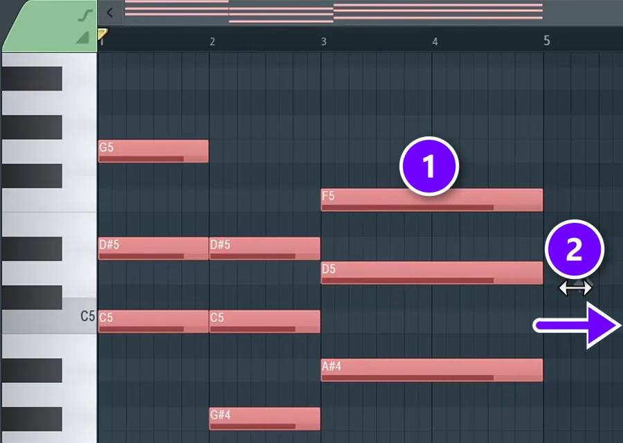 FL Studio Piano roll with selected chords (1) and the double arrow that stretches them (2) numbered